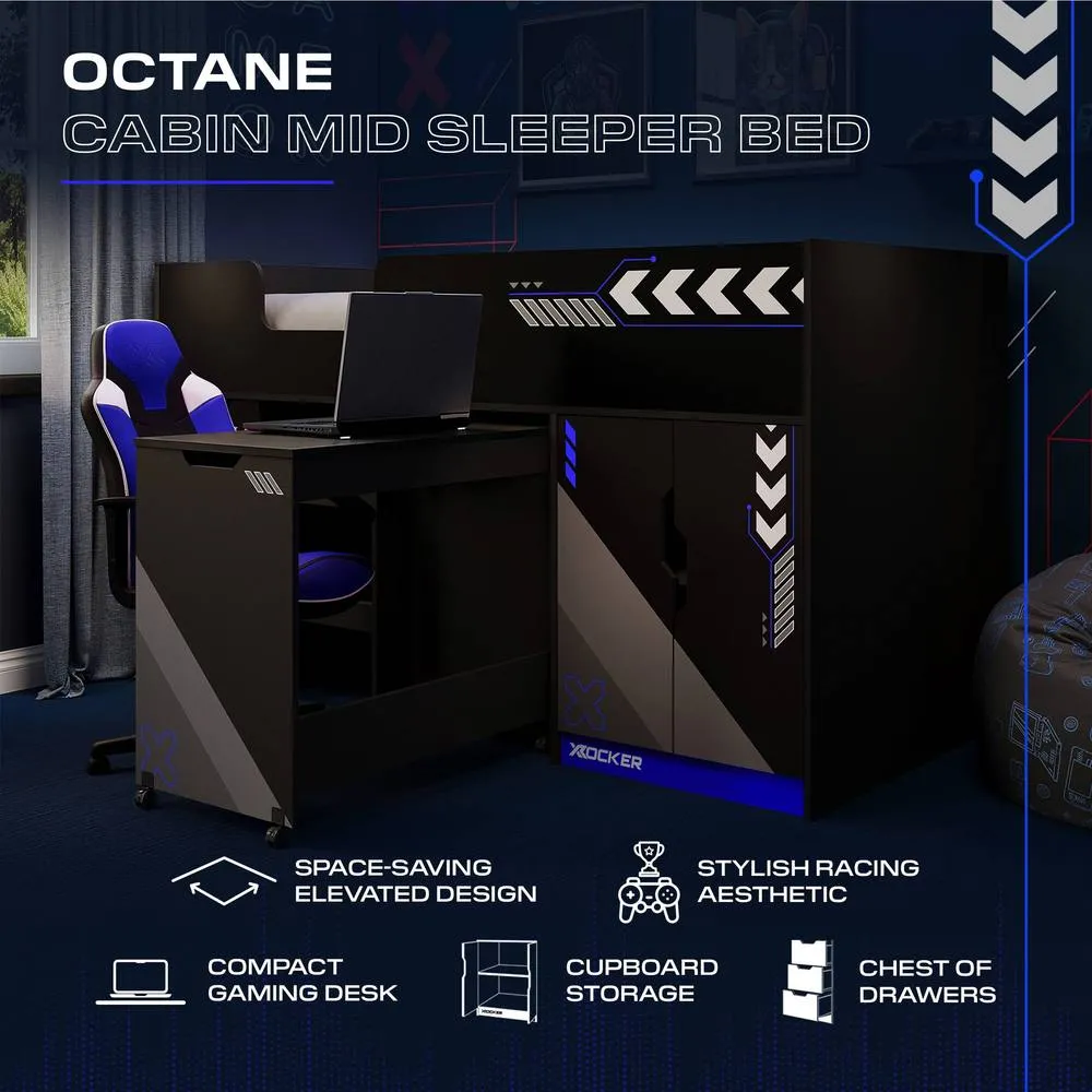 X Rocker Octane Mid Sleeper Gaming Cabin Bed Wardrobe & Pull out Desk in Blue 2