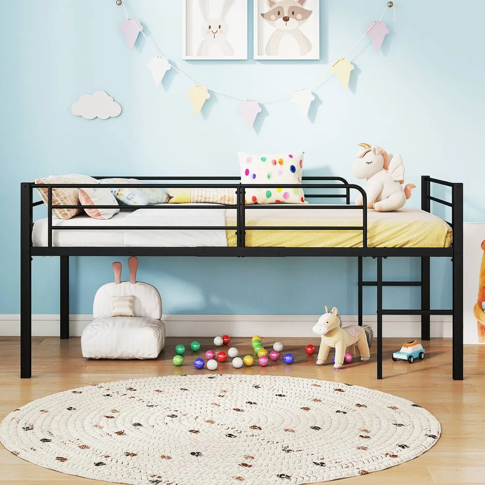 Costway Single Size Low Loft Bed Metal Bed Frame w/ Guardrails & 2 Ladders in Black 3