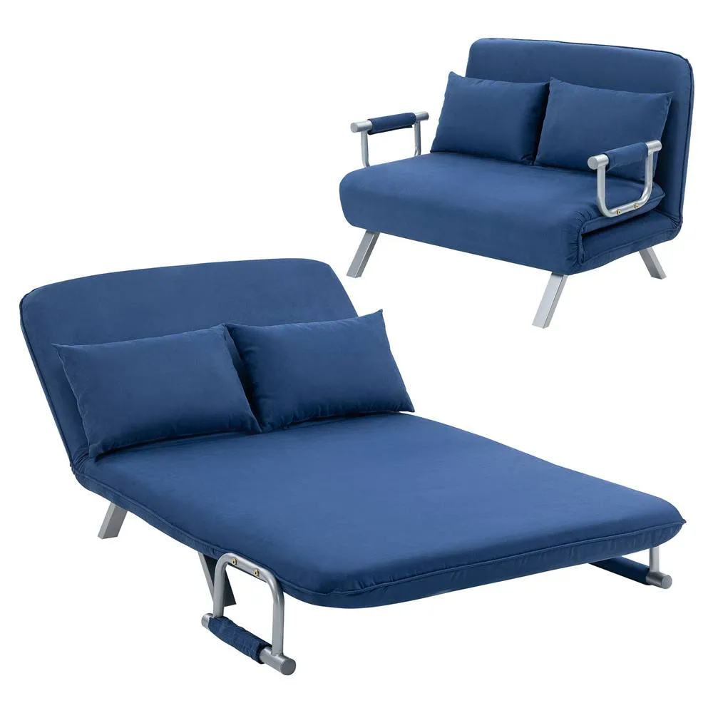 HOMCOM Fabric Sofa, Convertible 2 Seater Sofa Bed w/ Pillows, Dark Blue 2