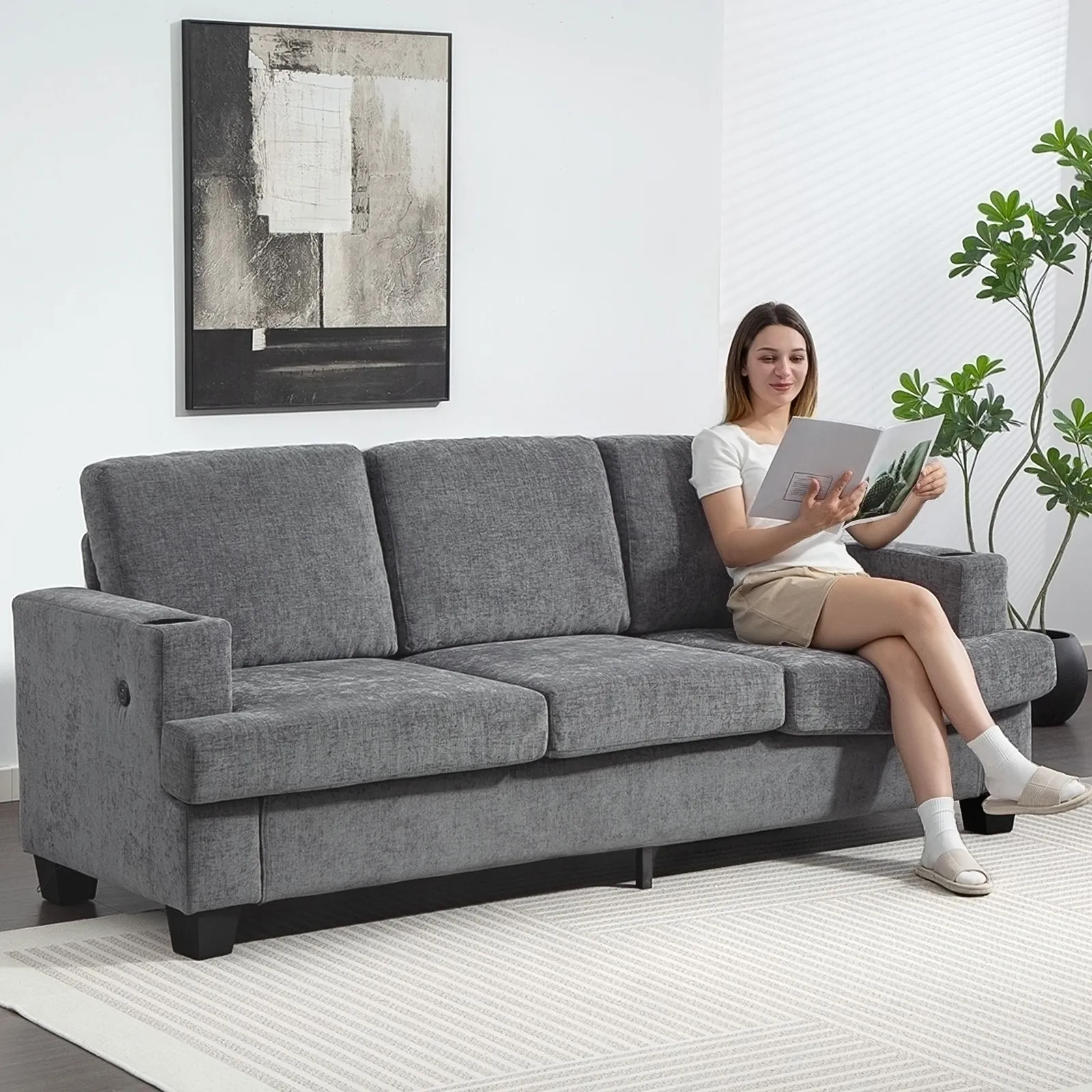 HOMCOM 3 Seater Sofa, Fabric Sofa with USB Ports & Cup Holders, Grey