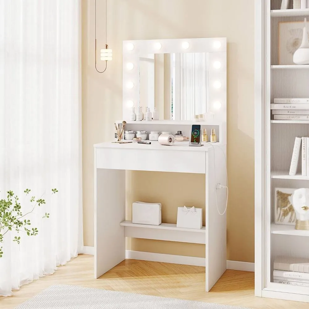 Costway Wooden Vanity Desk w/ Mirror & Lights Modern Dressing Table in White 3