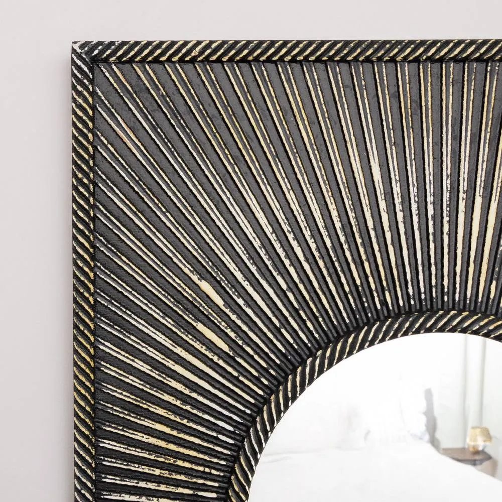 Melody Maison Distressed Black Rectangular Wooden Sunburst Wall Mirror - 60cm X 80cm 2