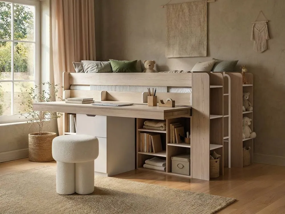 Flair Micah Mid Sleeper Bed with Desk Oak & White in Light Oak 3