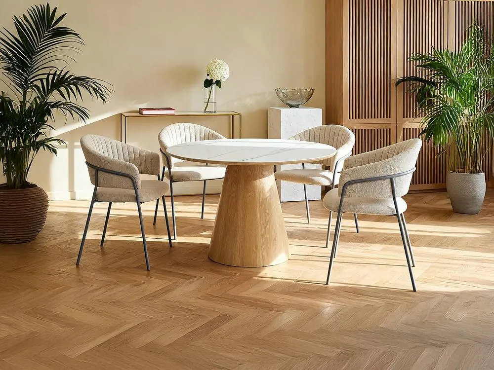 Vente-unique Round Dining Table for 4 Cm Ceramic & Ash Veneer - White Marble in Light Oak 3