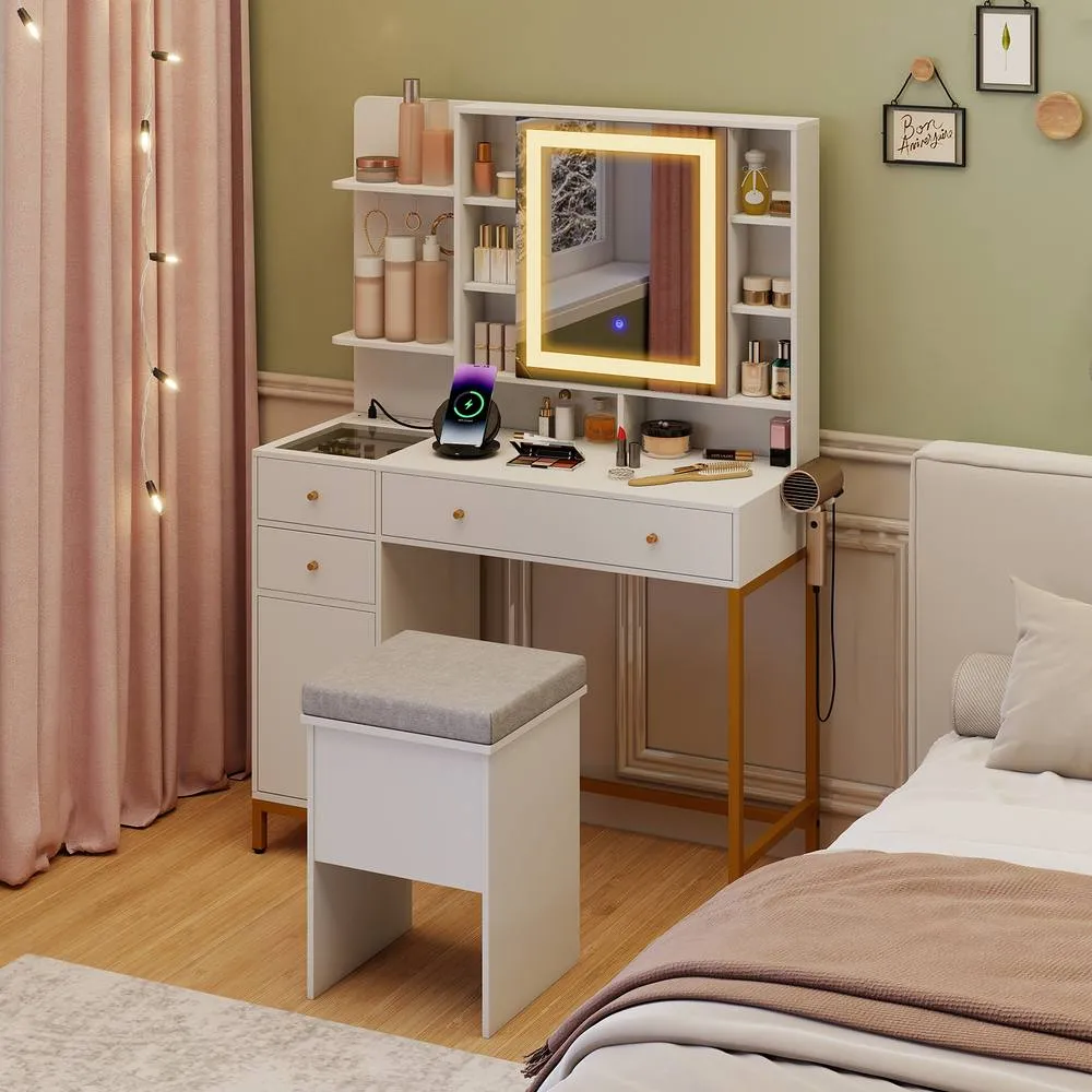 Costway Makeup Vanity Desk Dressing Table & Stool Set White 3