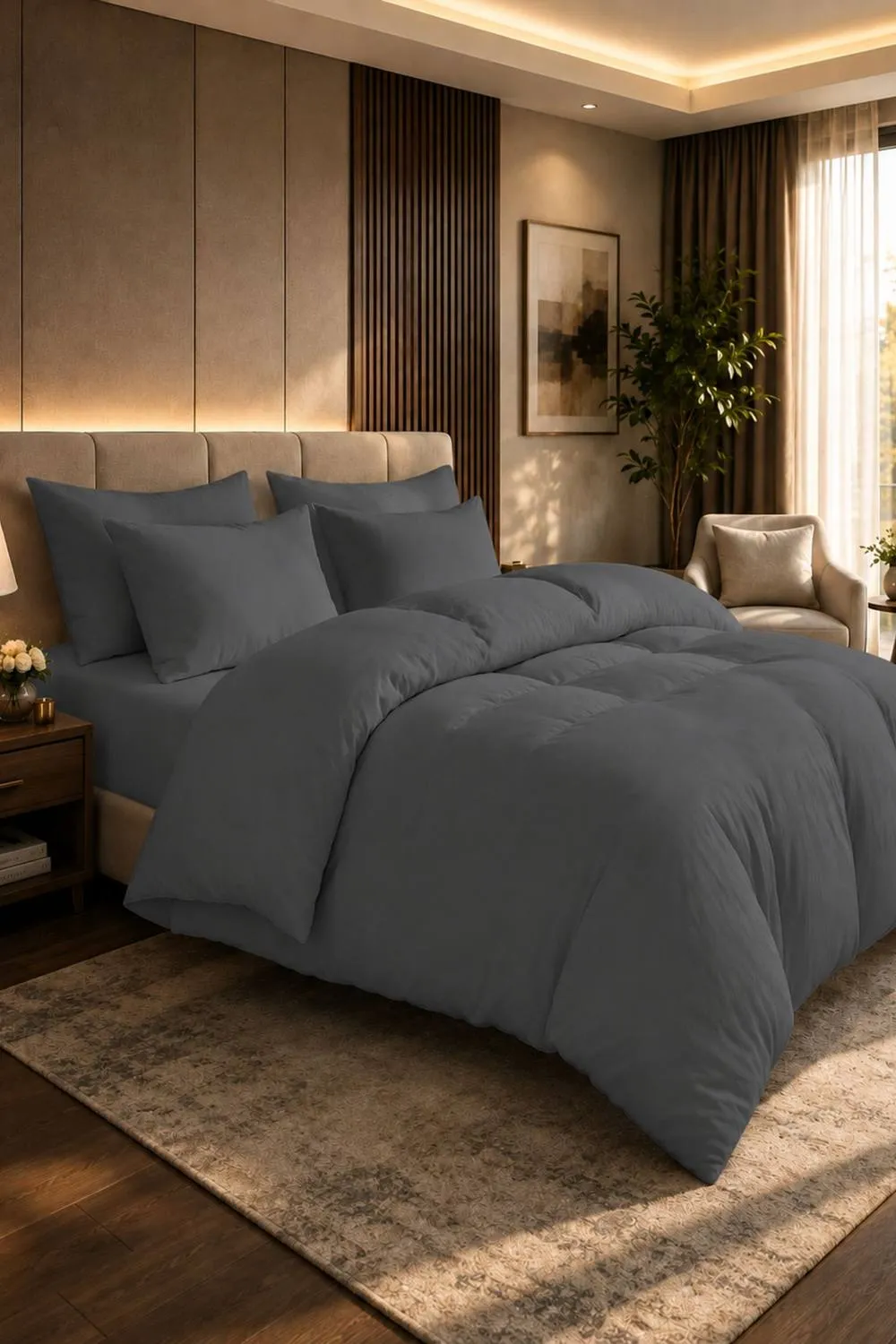 Grace 100% Egyptian Cotton Duvet Cover Set 400 TC with Zipper Closure in Charcoal