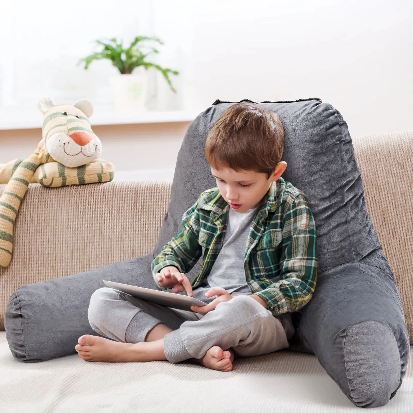 Costway Big Bed Rest Pillow Soft Back Support with Support Arms Relaxing Gaming Reading in Grey 5