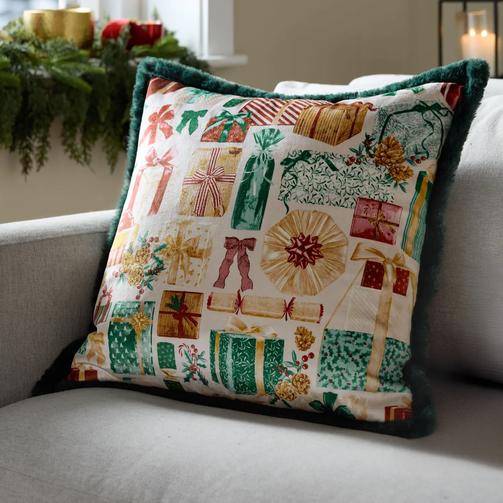 Furn All Wrapped Up Faux Fur Cushion in Emerald