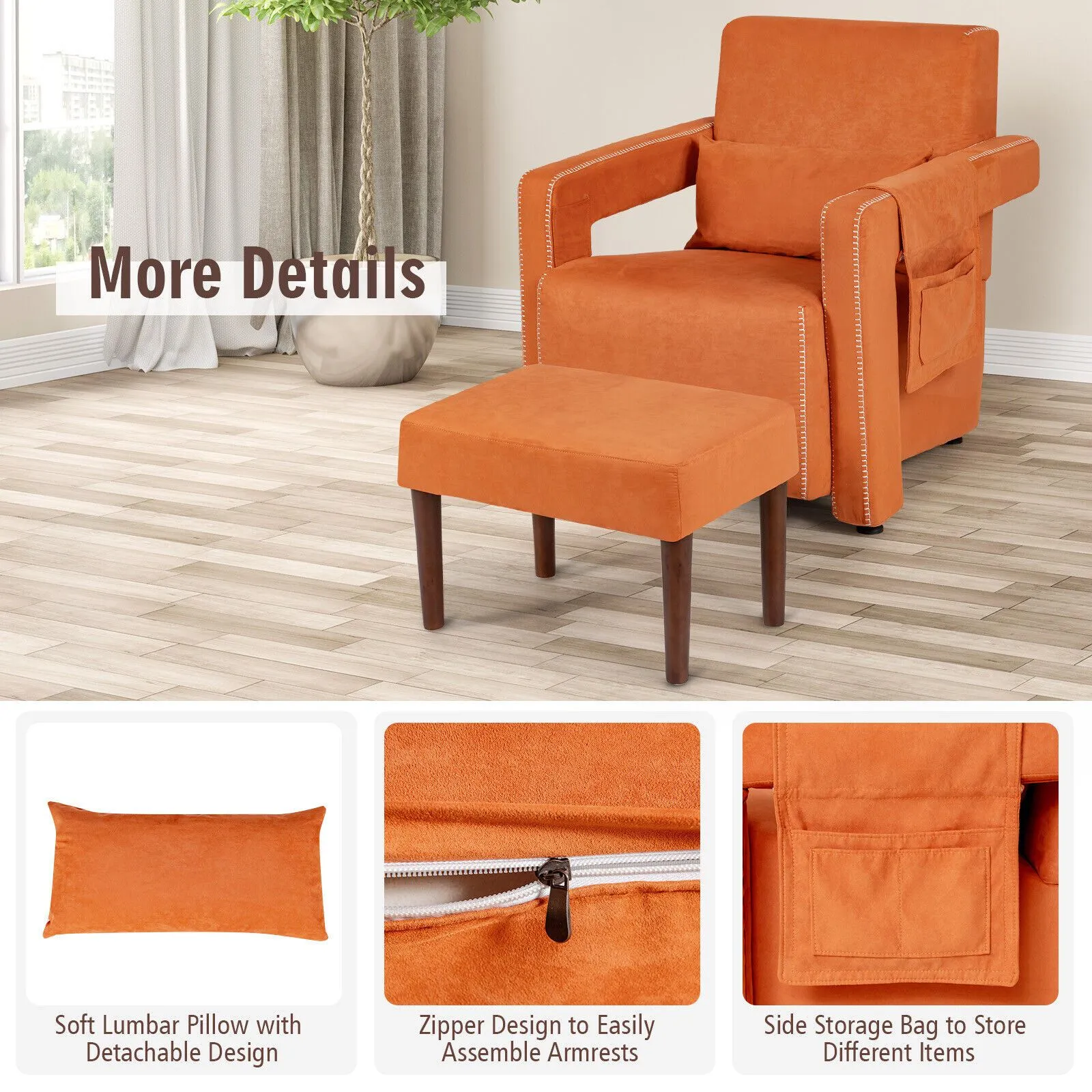 Costway Modern Accent Sofa Chair w/ Ottoman Upholstered leisure Armchair Living Room in Orange 3