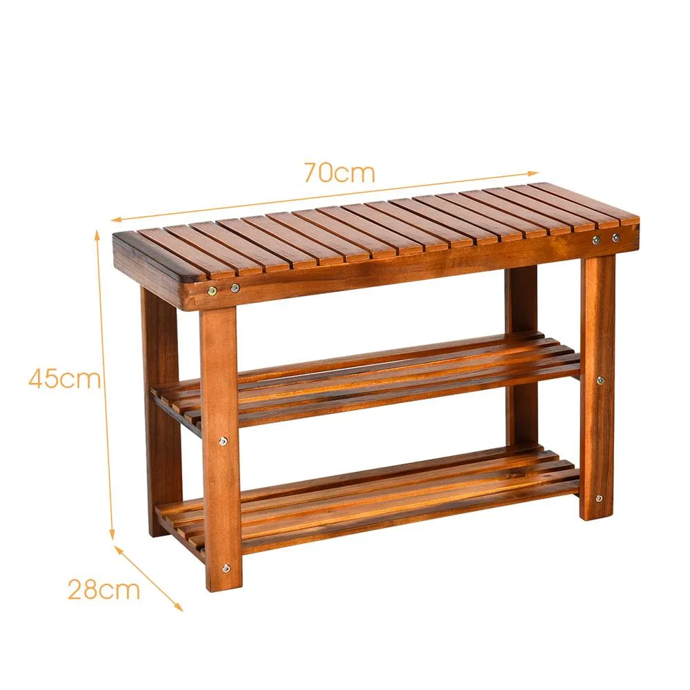 Costway Acacia Wood Shoe Rack Bench 3-Tier Shoe Organizer 70x28x45cm in Brown 2