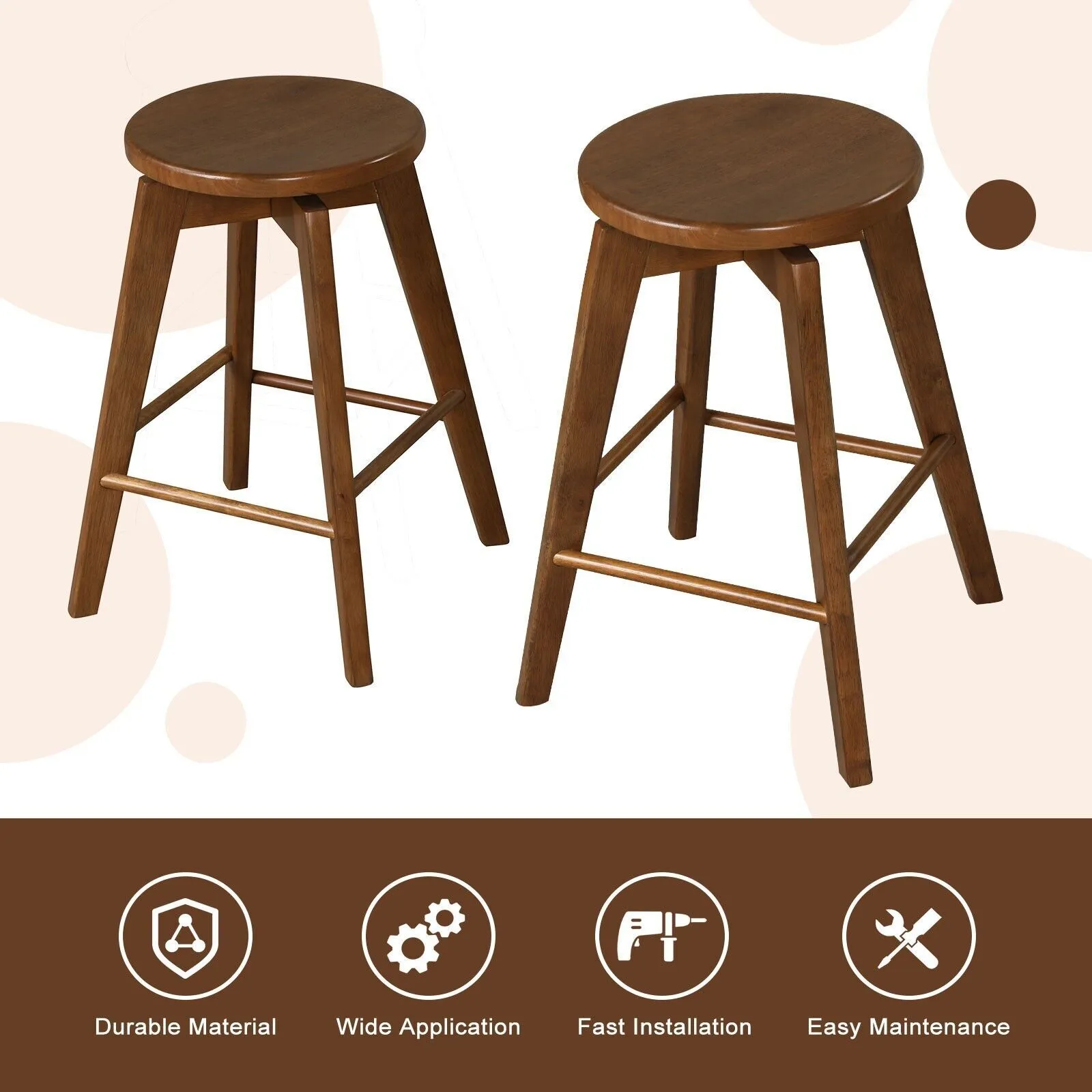 Costway Set of 2 Bar Stools Wood Counter Height Chair 360 Swivel Kitchen Seat Backless in Brown 5