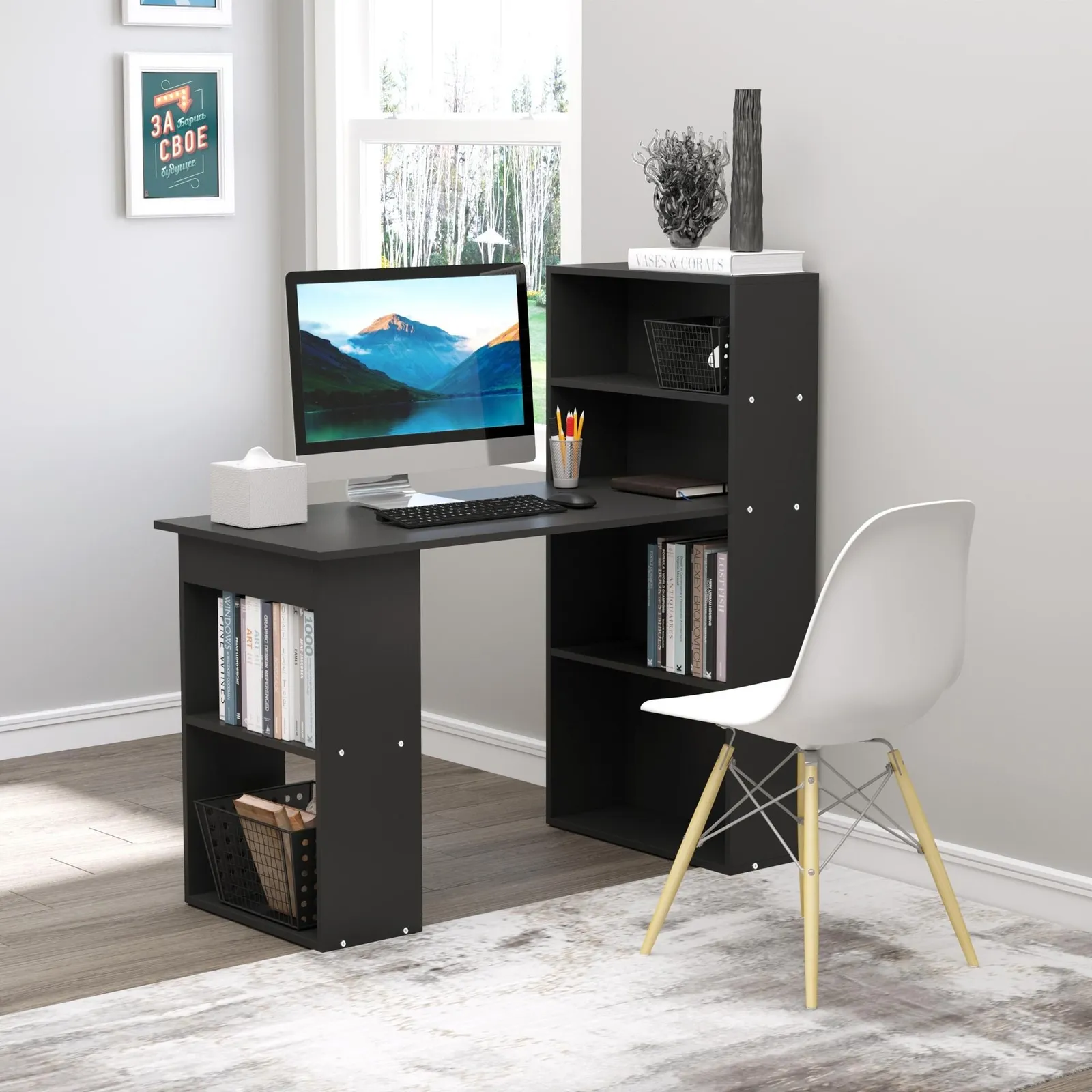 HOMCOM 120cm Modern Computer Desk Bookshelf Writing Table Workstation in Black