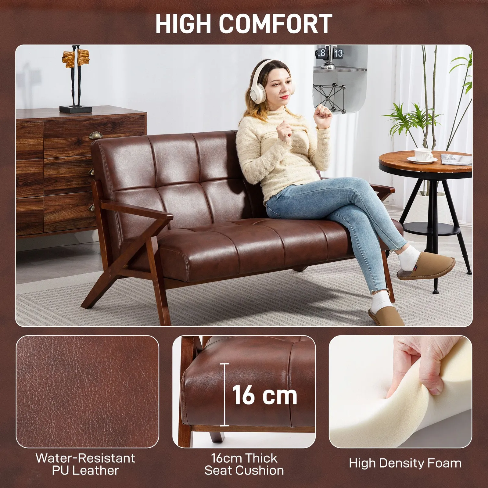 HOMCOM Compact Small Sofa with Solid Wood Frame, Vintage 2 Seater Sofa Brown 4