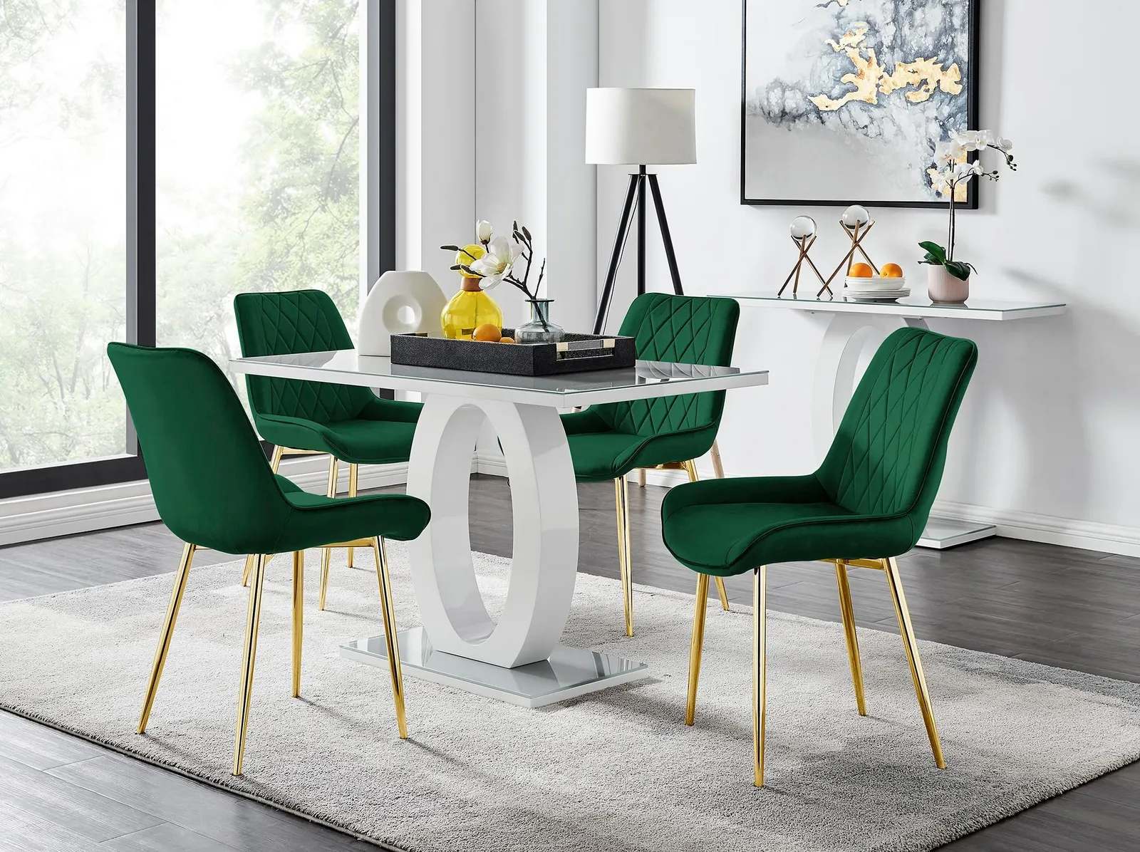 FurnitureboxUK Giovani 4 Grey Dining Table & 4 Pesaro Gold Leg Chairs in Green 1