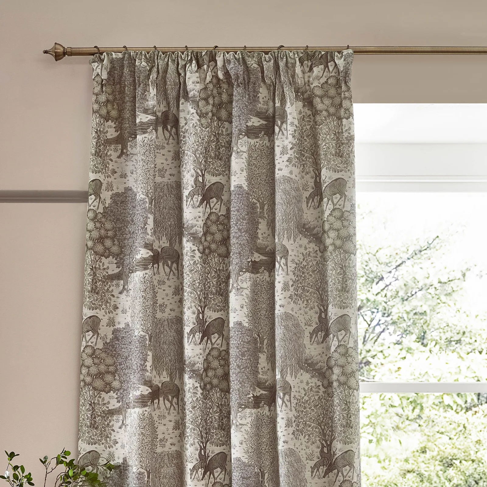Morris & Co Brook Woodland Jacquard Room Darkening Pencil Pleat Curtains in Beige 3