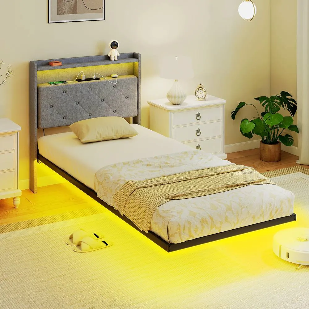 HOMCOM Floating Bed Frame with RGB Lights, Upholstered Bed Frame, Grey