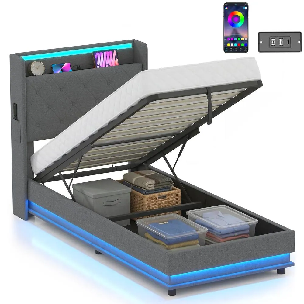 HOMCOM Lift up Storage Bed Frame with RGB LED Lights, 90 x 190cm, Dark Grey 2
