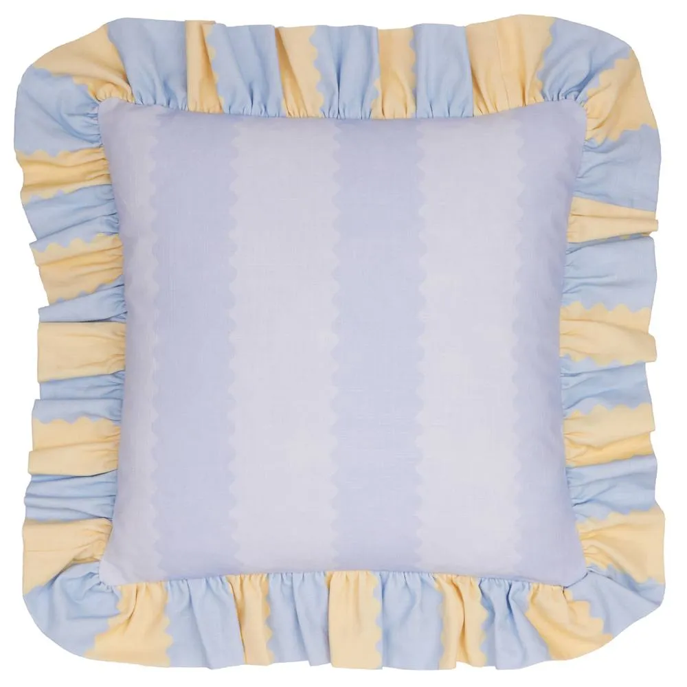 Wylder Birdie Stripe 100% Cotton Ruffle Cushion in Light Blue 2