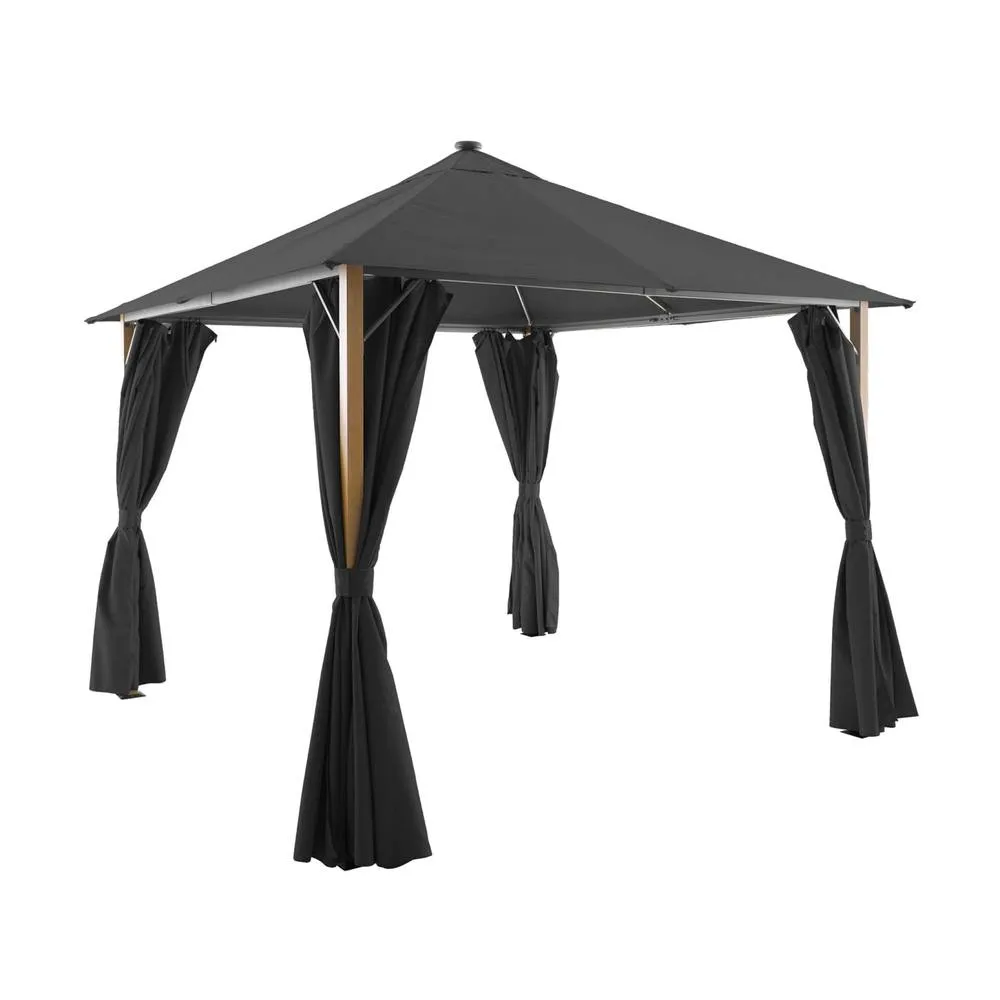 sweeek Aluminum gazebo 3x3m with wood effect, curtains, & LED in Dark Grey 2