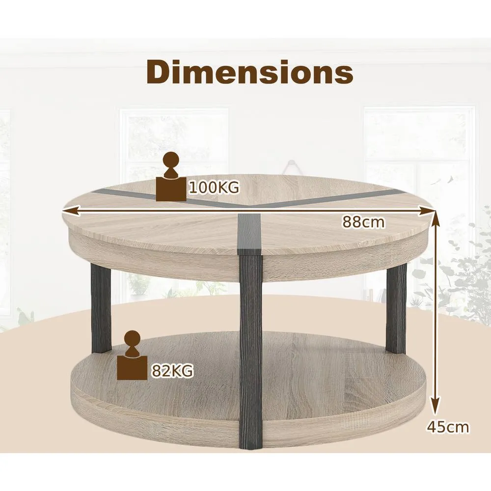 Costway 2-Tier Round Coffee Table 88CM Rubber Wood Center Table w/Shelf-Oak in Light Oak 2