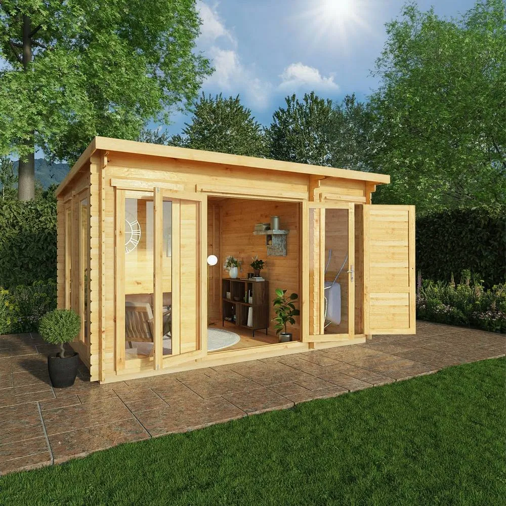 Mercia 4.1 x 3 m Studio Pent 28 mm Log Cabin with Side Shed in Natural 6