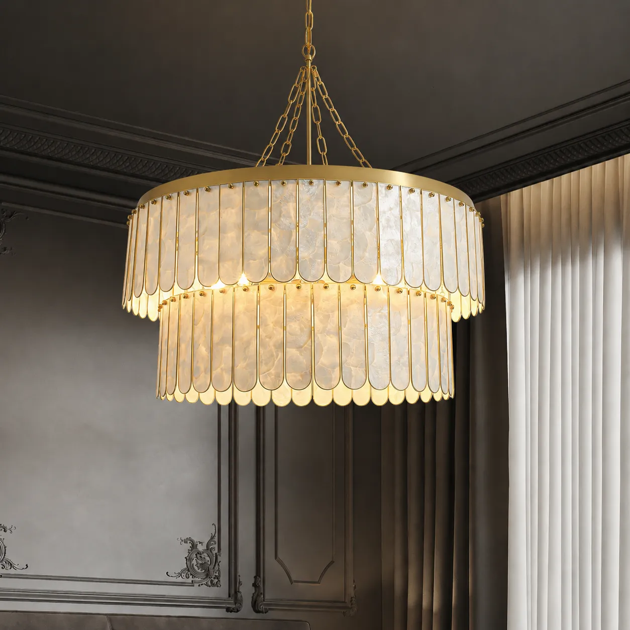 Enseo Coastal 8-Light Capiz Shell 2-Tiered Faceted Chandelier Pendant Light Gold White