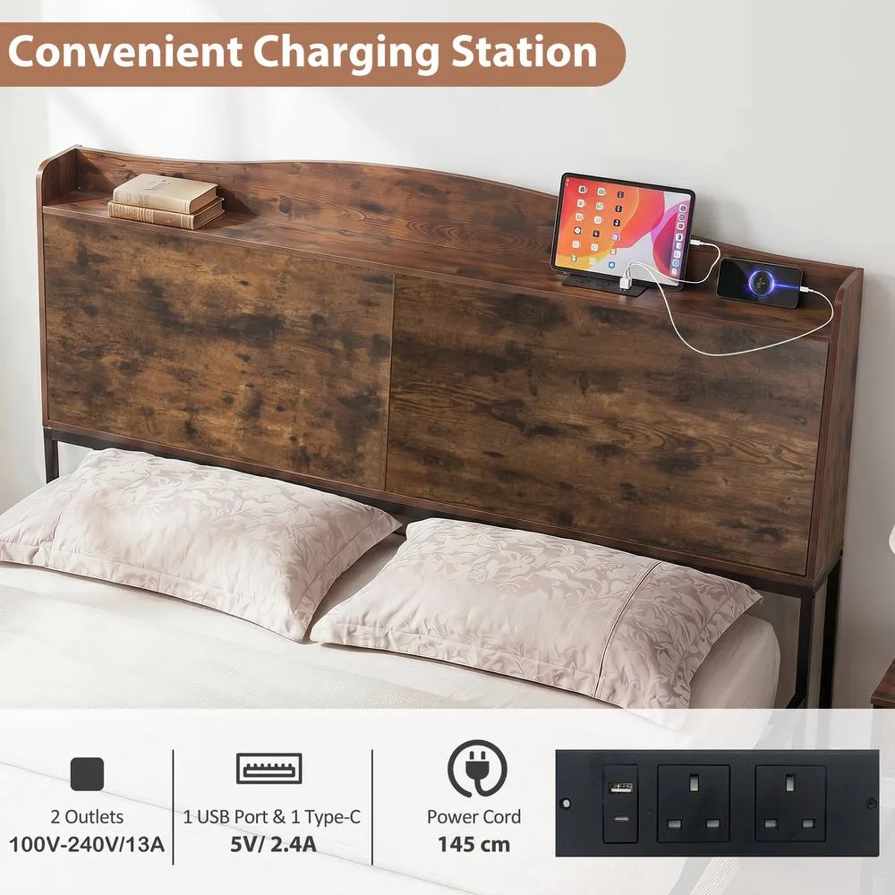 Costway King Size Bed Frame w/Charging Station Industrial Metal Platform Bed in Brown 6
