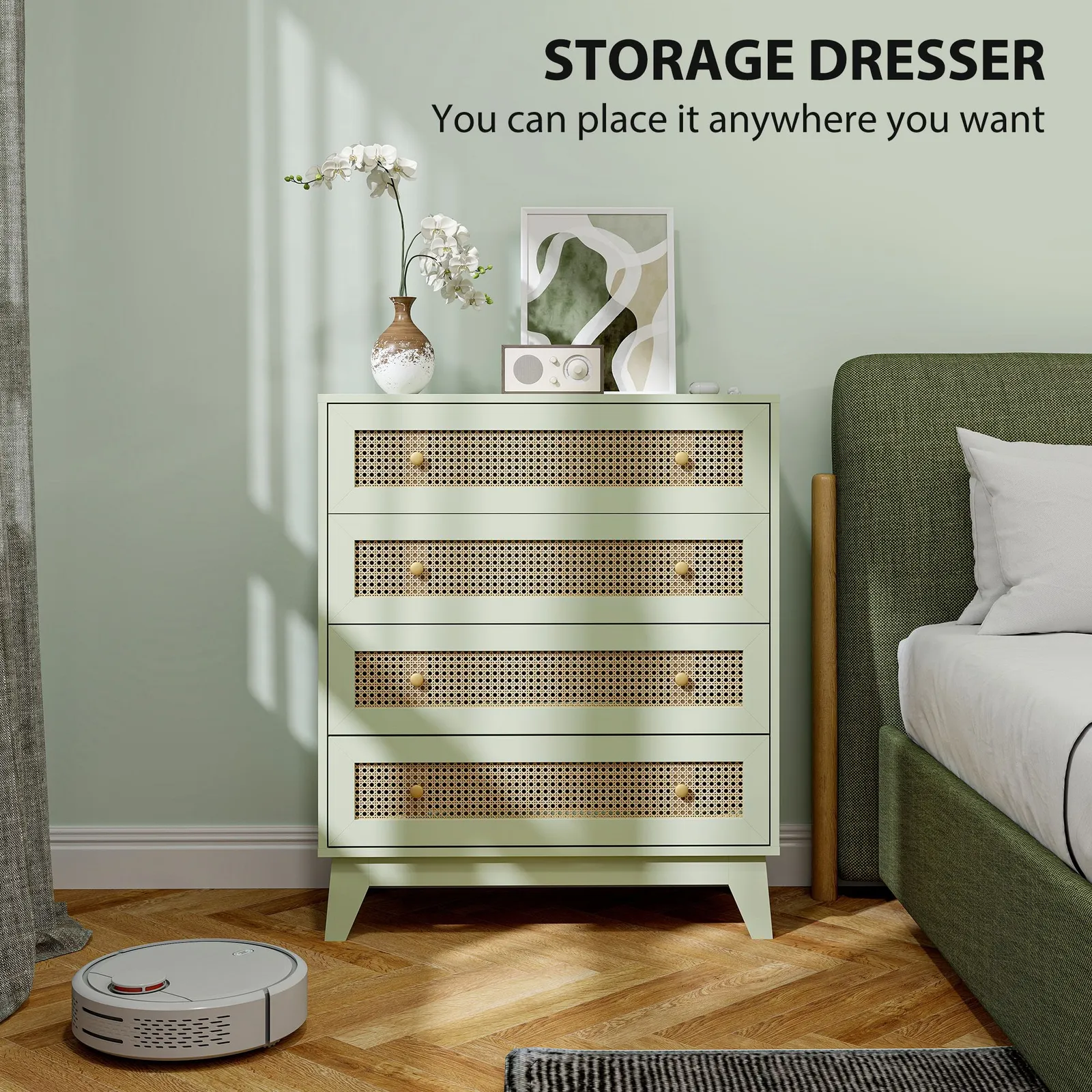 HOMCOM Chest of Drawers, 4 Drawer Unit Storage Organiser with Rattan Element in Light Green 4