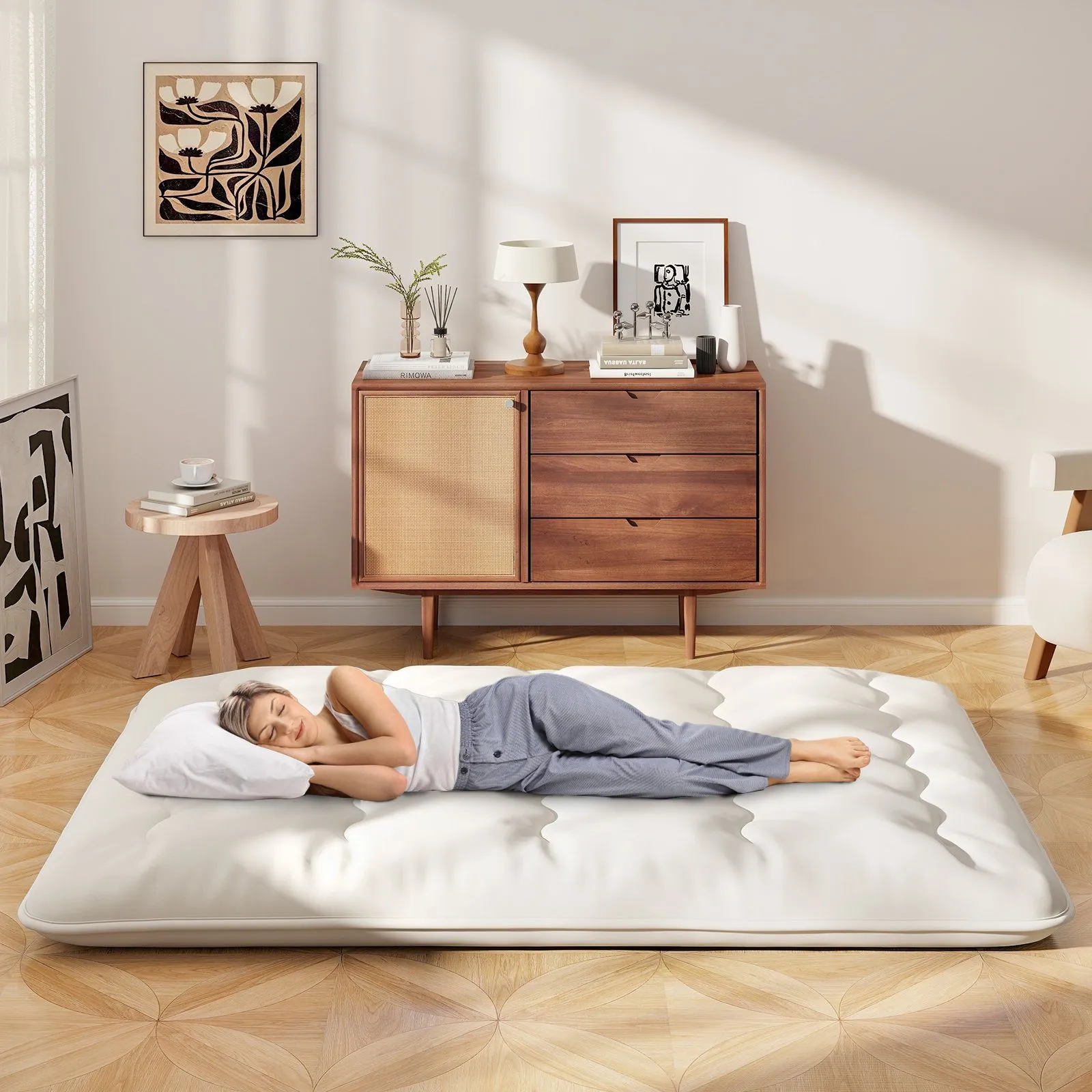 Costway Foldable Tatami Mat Floor Futon Mattress Roll up Sleeping Pad with Washable Cover, Small Double/Double/King Size in Beige 3