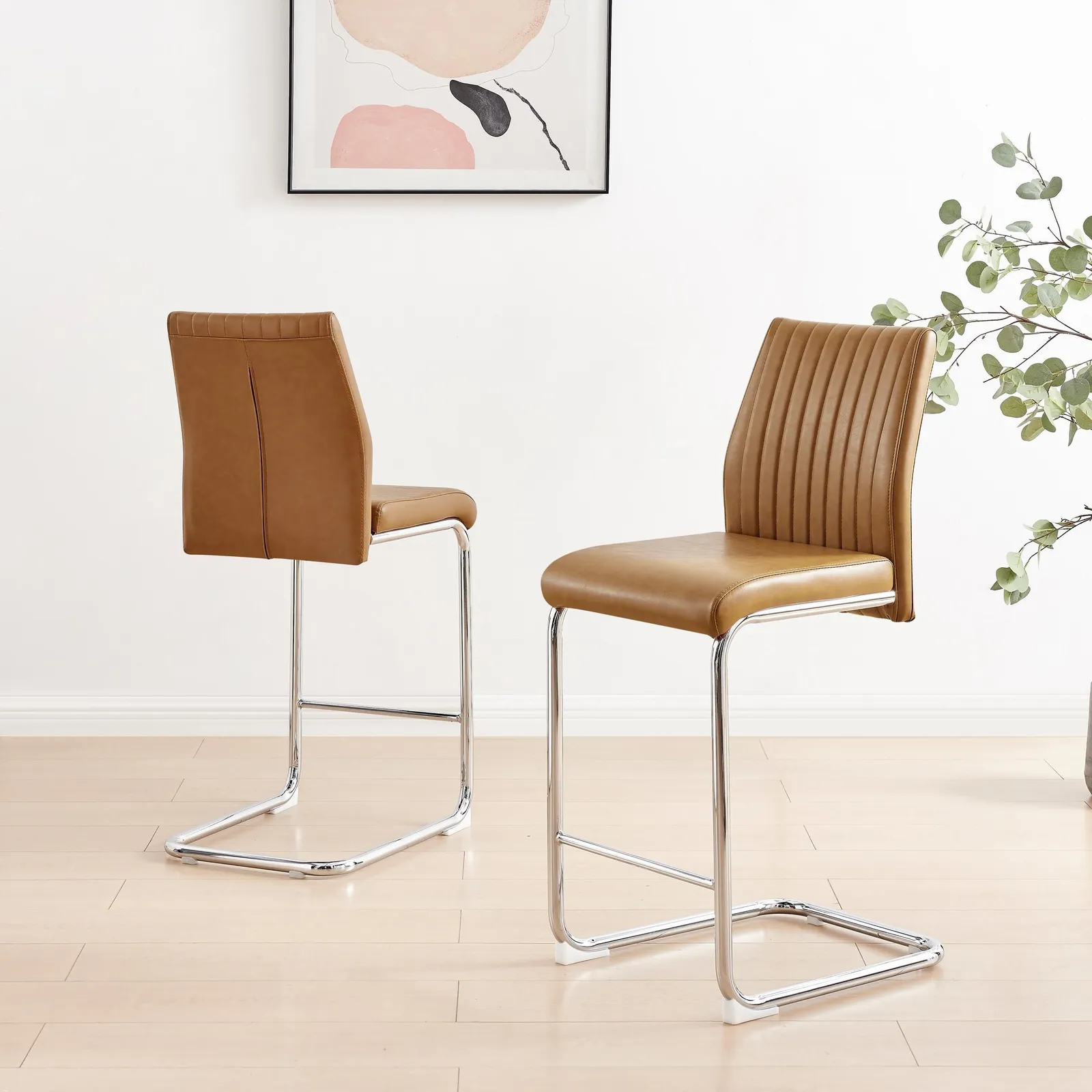 FurnitureboxUK Lorenzo 2x Faux Leather & Silver Counter Stools in Tan 3
