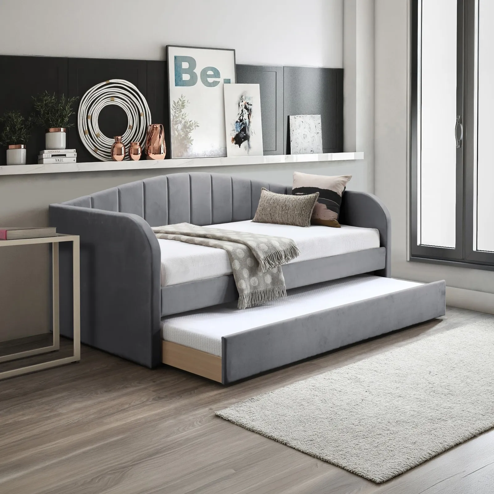 Fabulous - Single - Day Bed with Underbed Trundle - Grey - Fabric - 3ft - Happy Beds 1