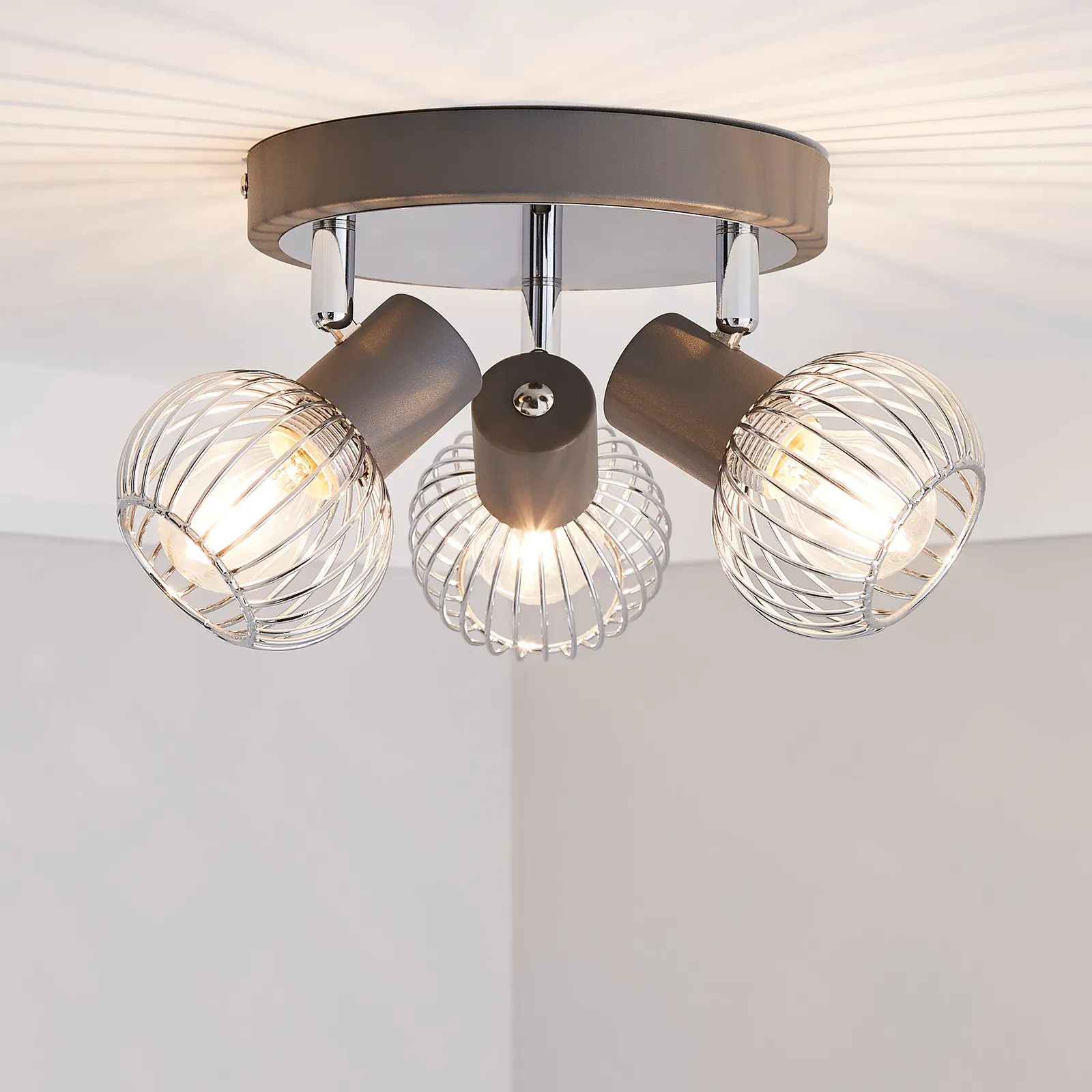 Mattia 3 Light Wire Cage Matt Grey Spotlight Chrome
