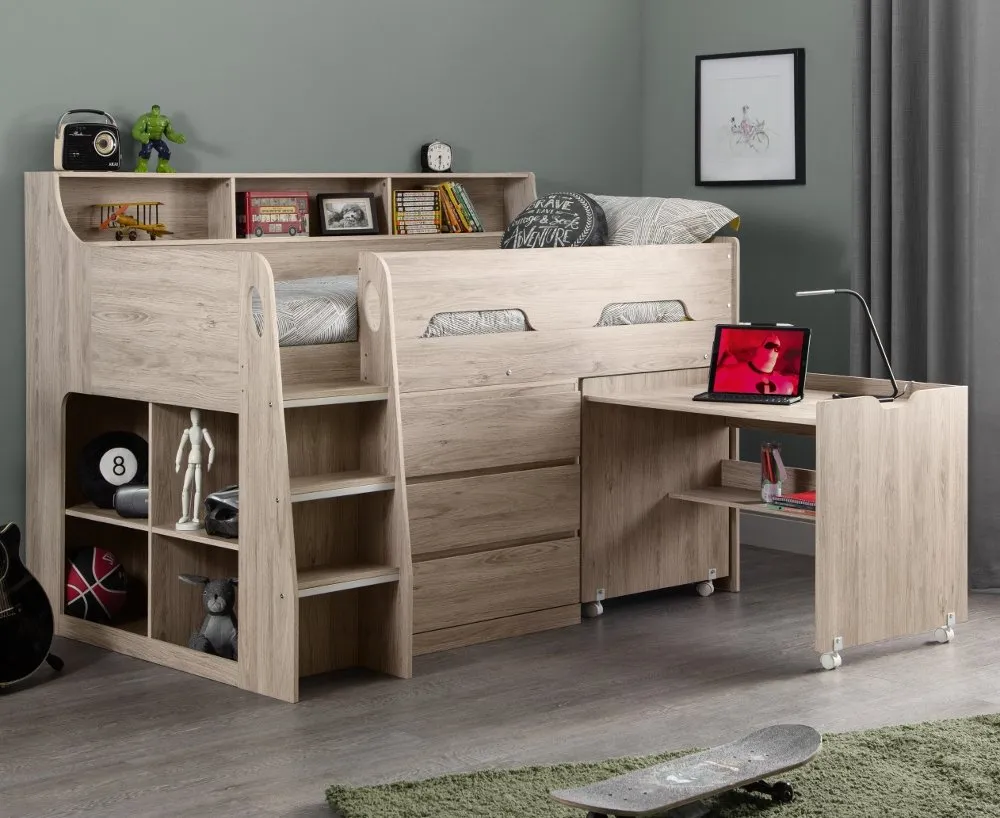 Jupiter - Single - Kids Mid Sleeper Cabin Bed - Oak - Wood - 3ft - Happy Beds 1