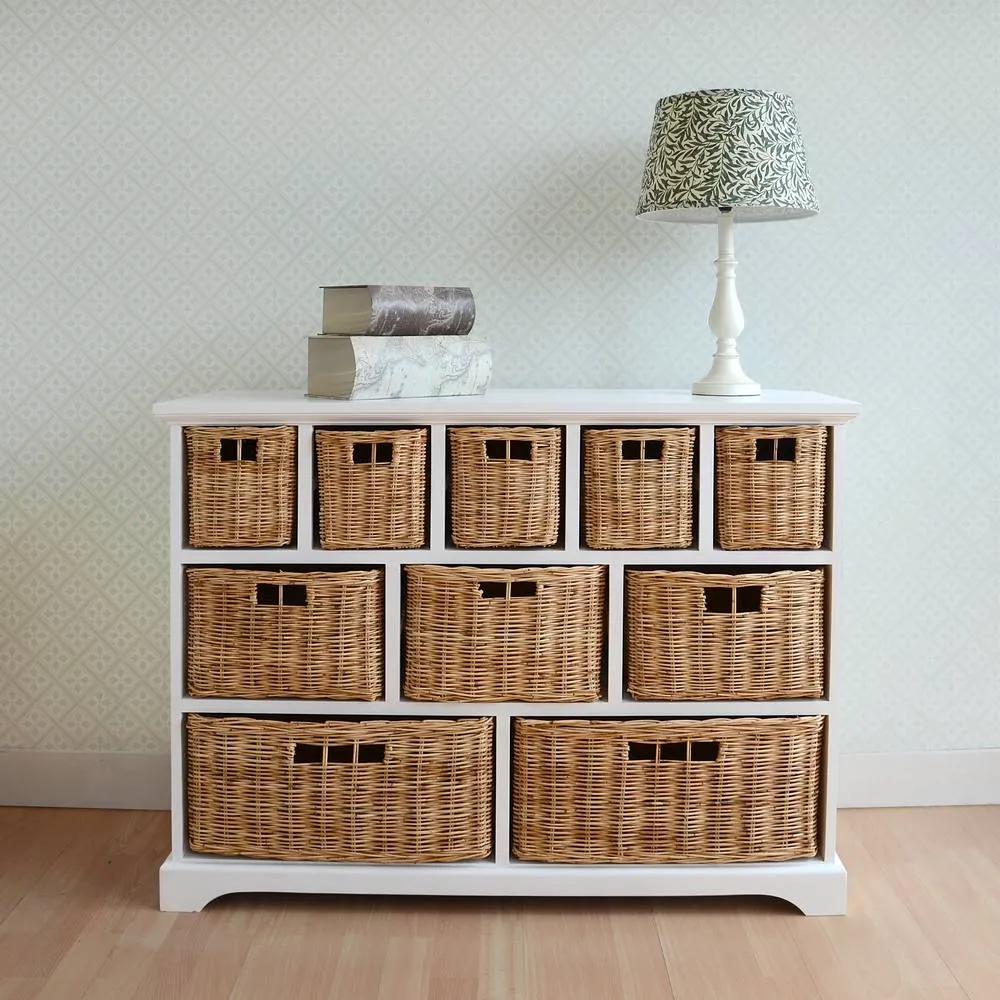 Statement Furniture Tetbury 10 Drawer Storage Unit with Wicker Baskets in White