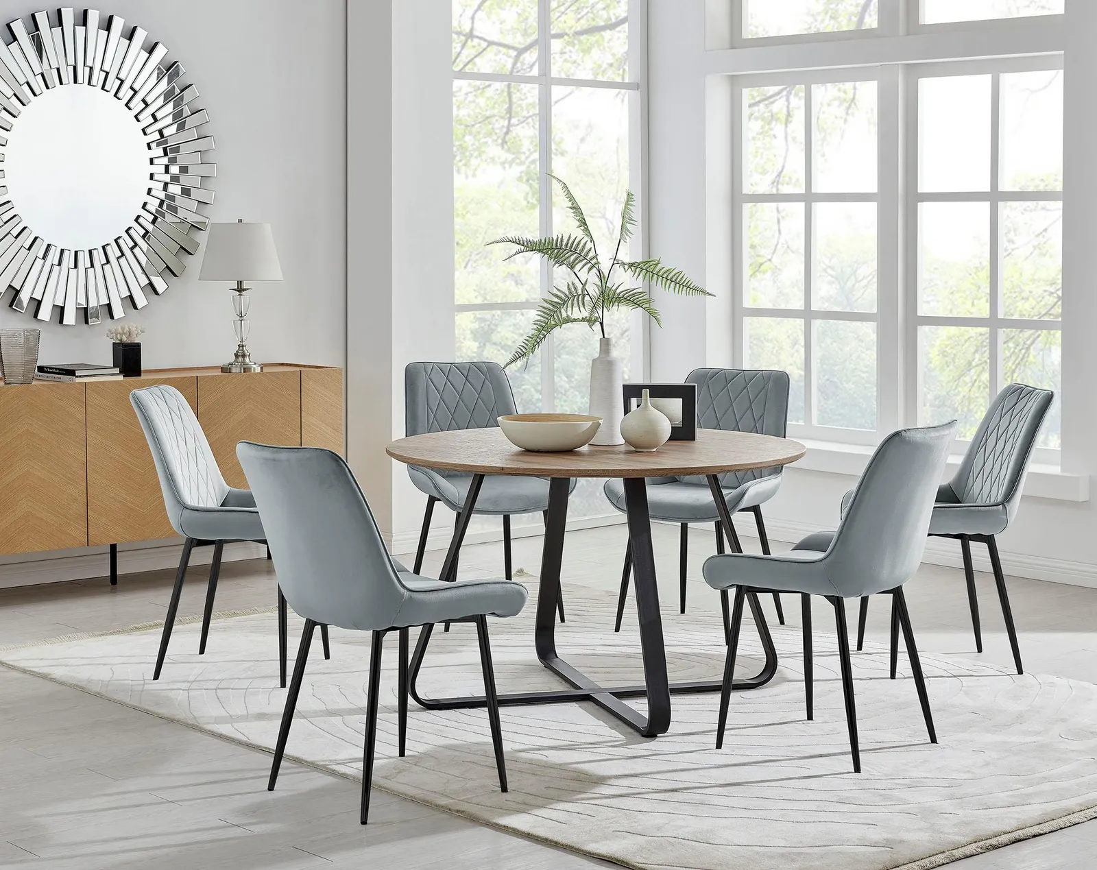 FurnitureboxUK Santorini Brown Round Dining Table & 6 Pesaro Black Leg Chairs in Grey 1