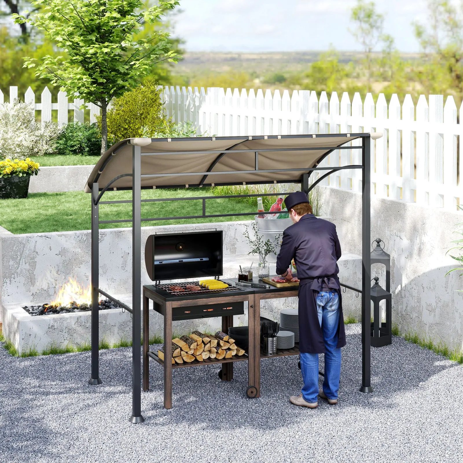 OUTSUNNY 2.2 x 1.5 m BBQ Gazebo Tent Sun Shade with Canopy in Khaki