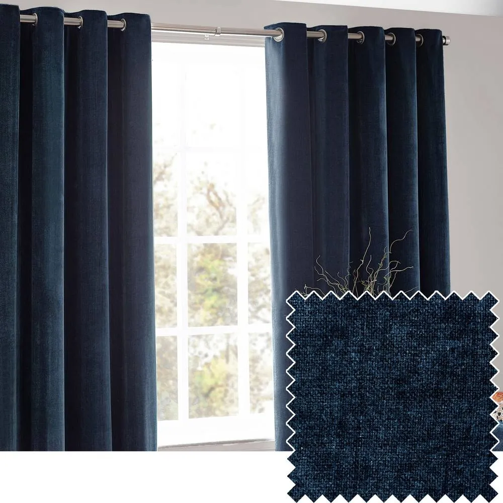 Yard Heavy Chenille Blackout Eyelet Curtain Pair in Navy 1
