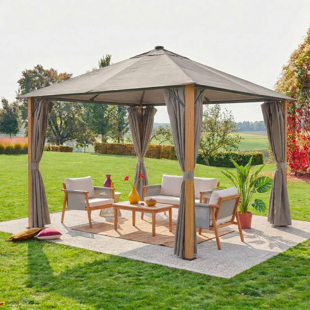 sweeek Aluminum gazebo 3x3m with wood effect, curtains, & LED in Beige