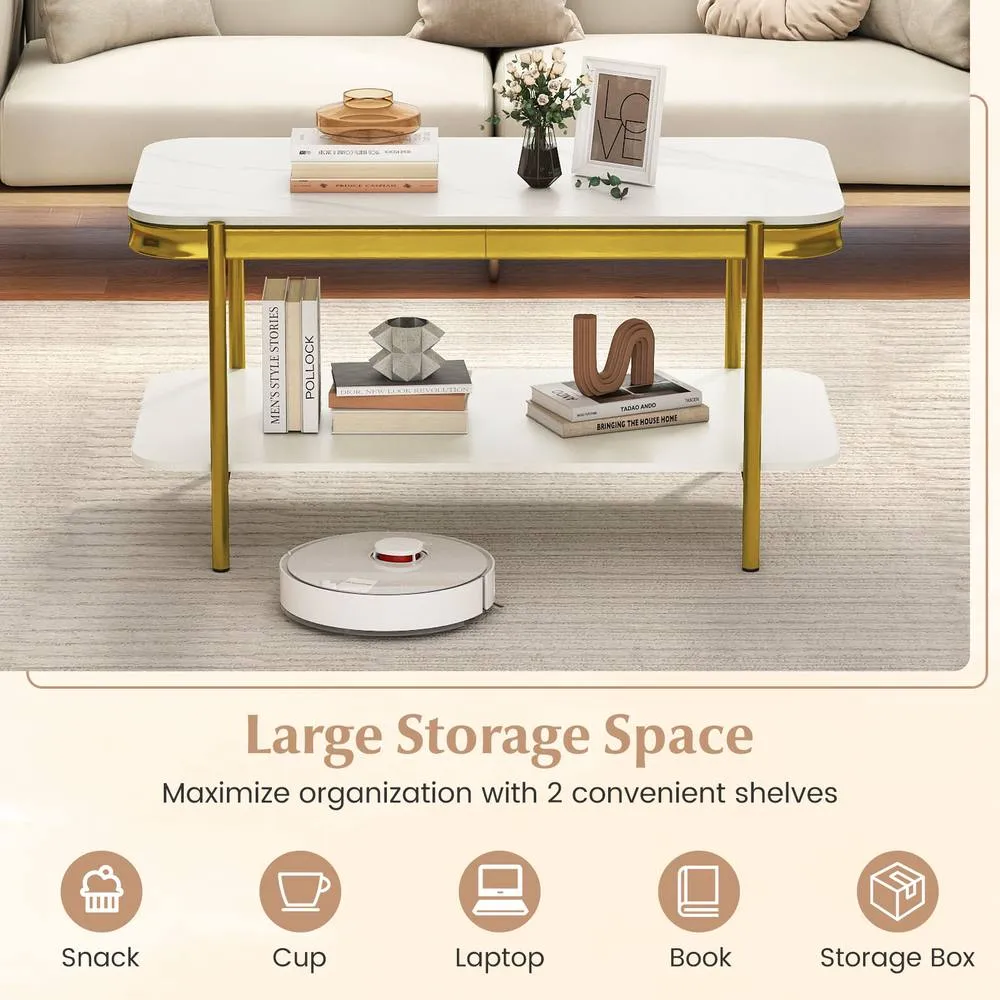 Costway Modern Rectangular Coffee Table 2-Tier Center Table in White 6