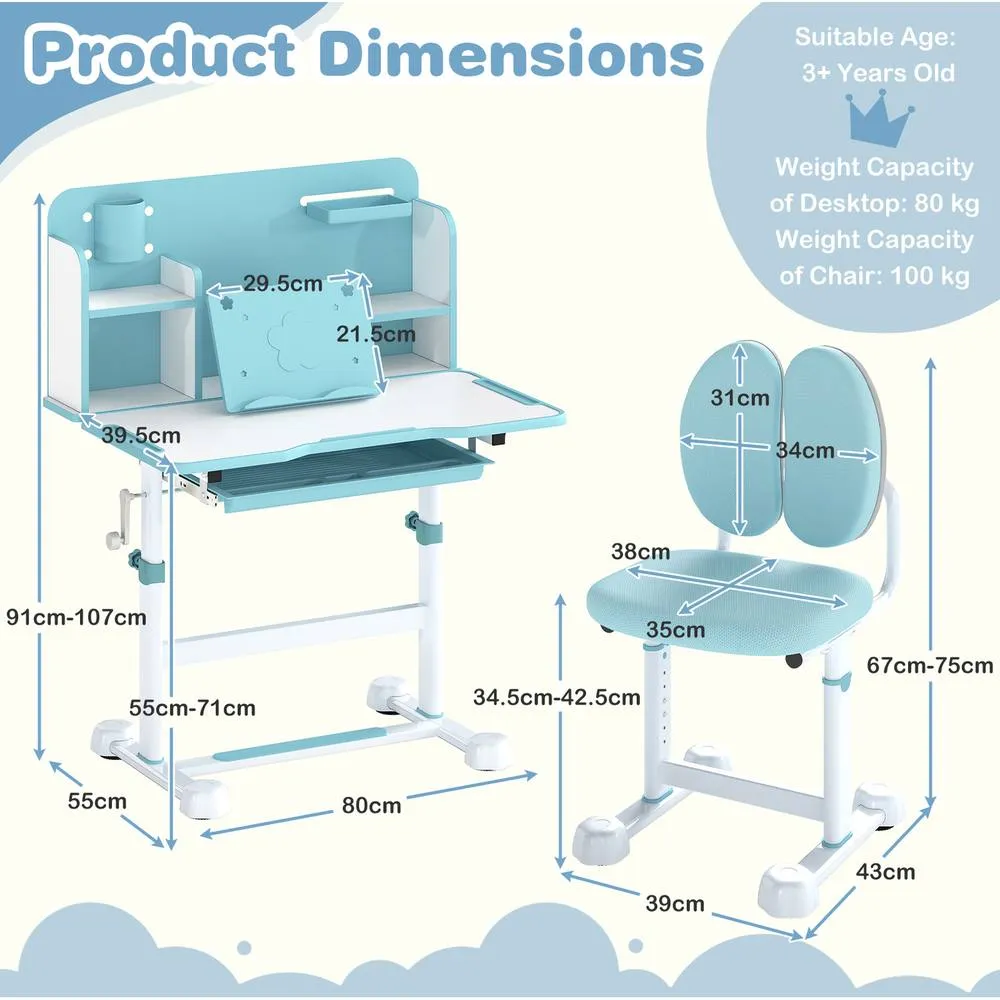 Costway Kid's Study Desk & Chair Set Adjustable Desk-Blue in Blue 2