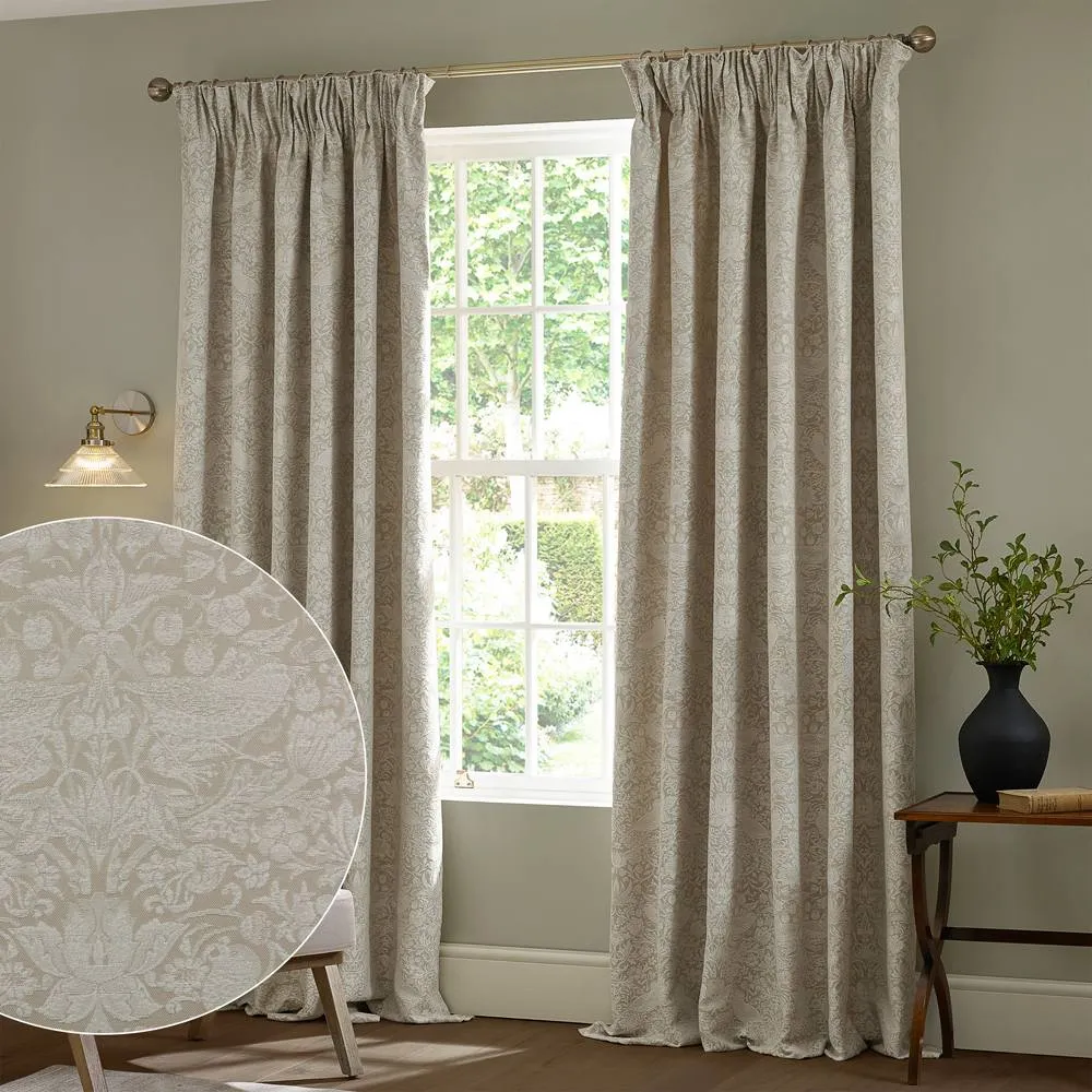 Morris & Co Strawberry Thief Jacquard Fully Lined Pencil Pleat Curtains in Cream 1