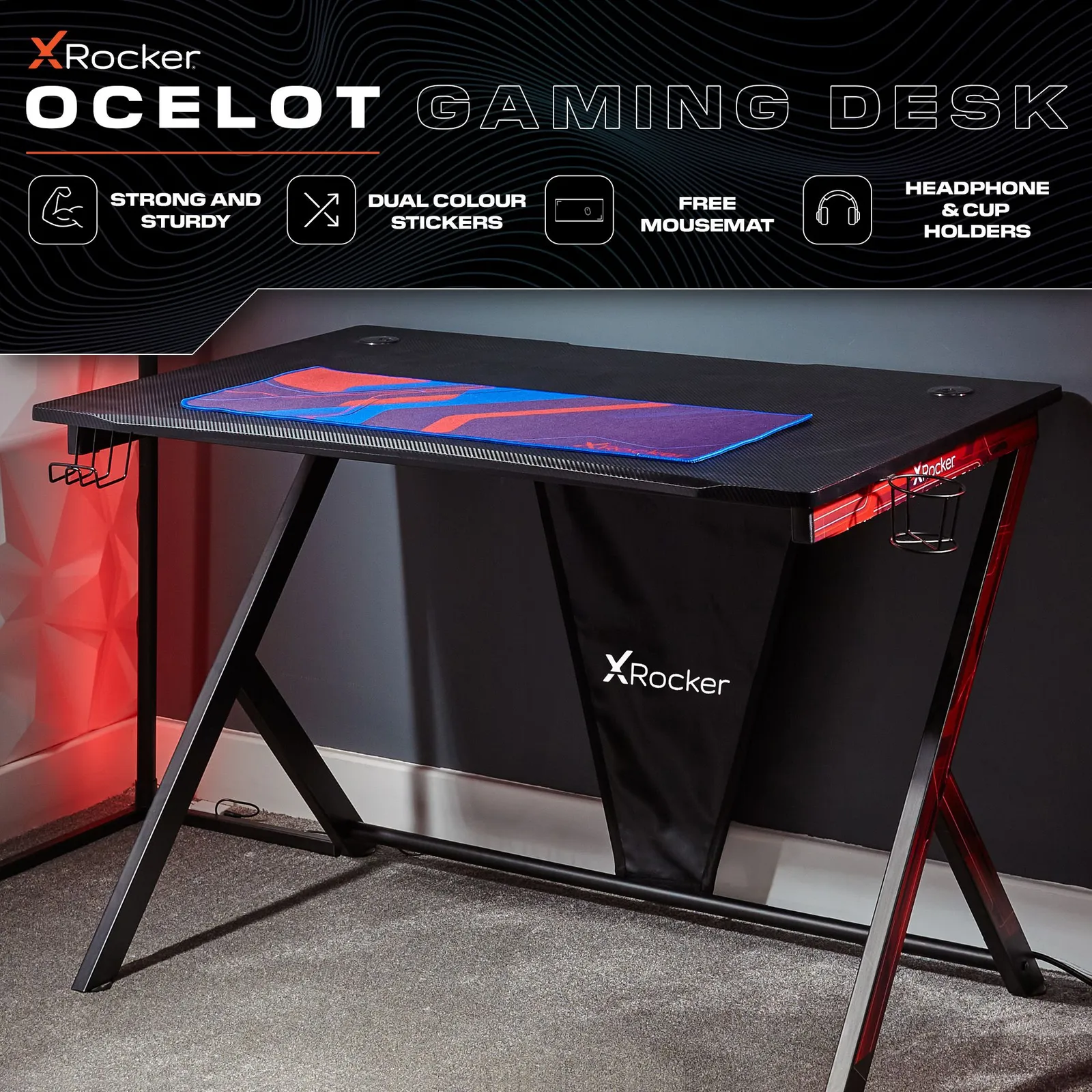 X Rocker Ocelot 115cm Gaming Desk with Mousepad, Headphone Hook & Cupholder in Black 2