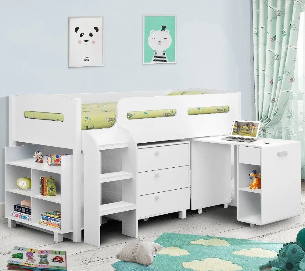 Kimbo - Single - Kids Cabin Bed - Storage and Desk - White - Wooden - 3ft - Happy Beds 1