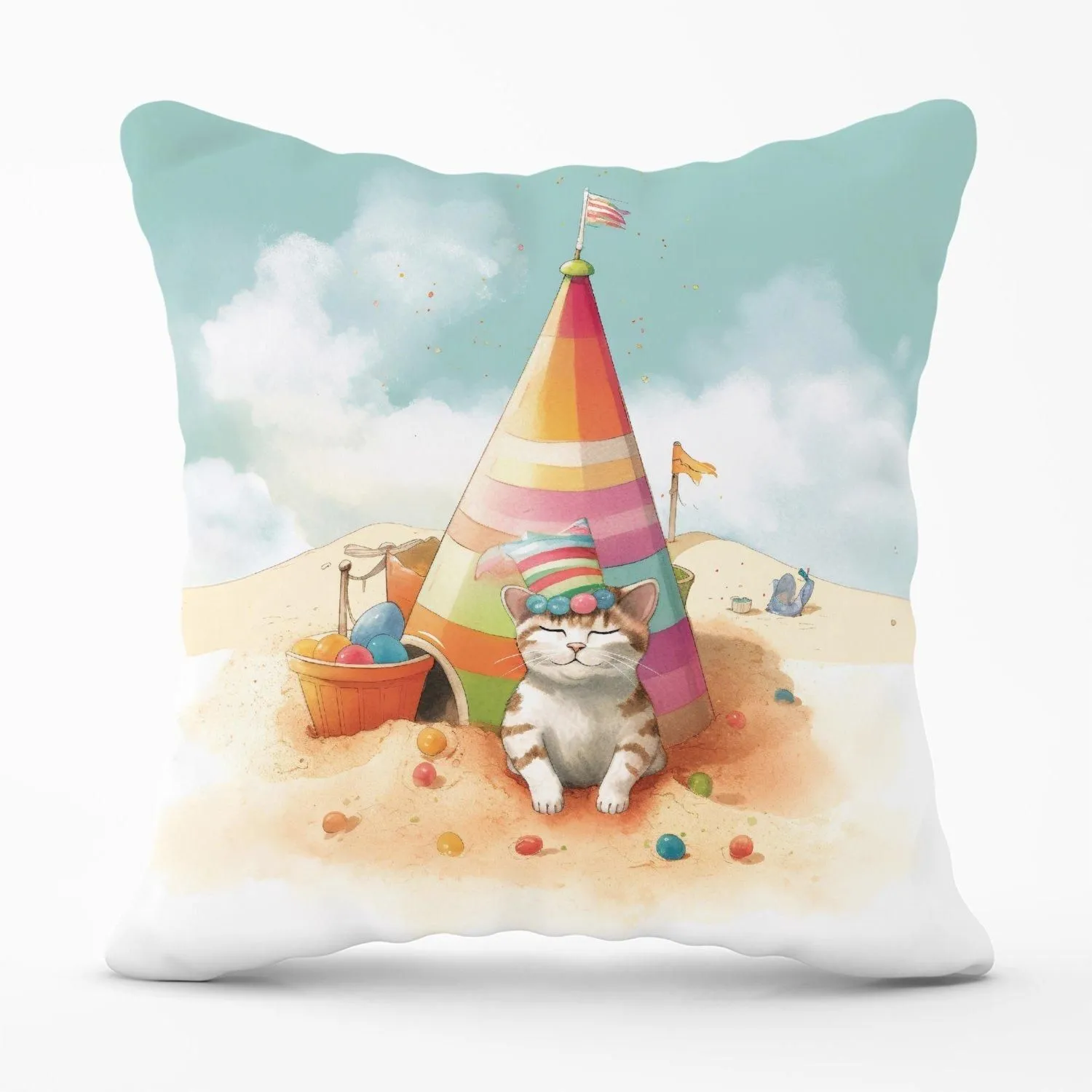 Warren Reed - Designer Cat On A Beach Holiday Outdoor Cushion in Yellow