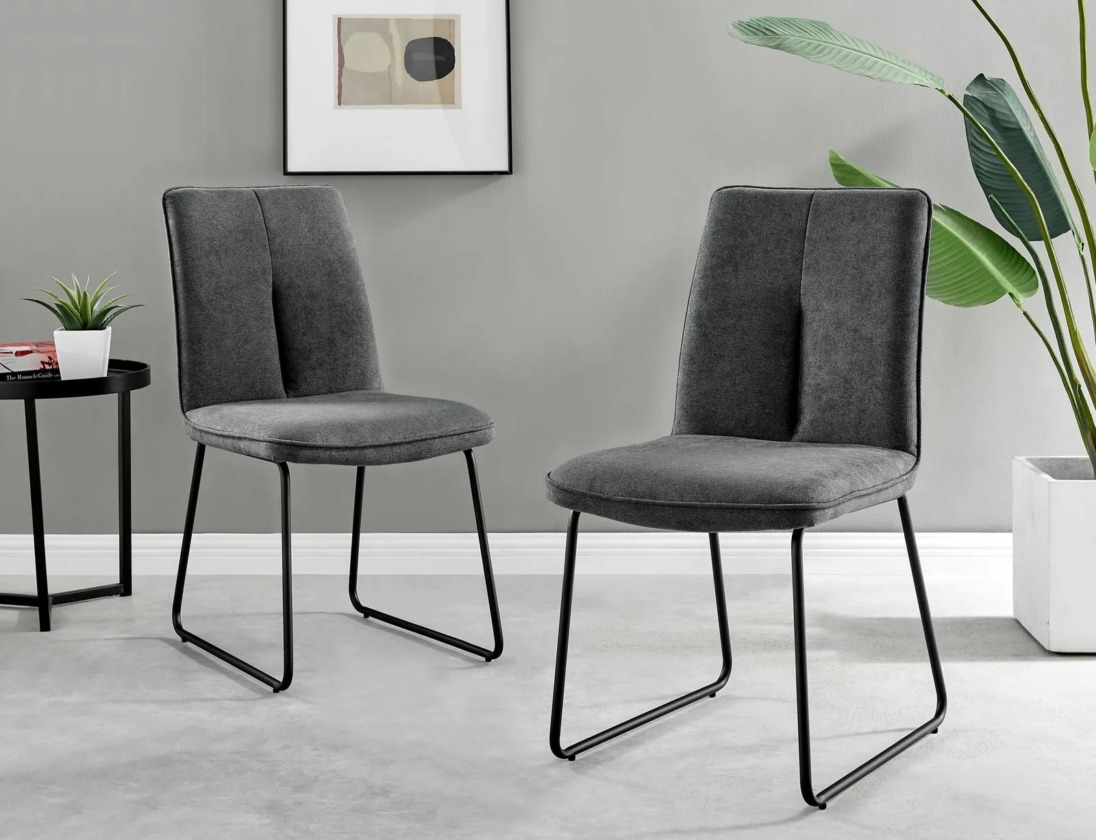 FurnitureboxUK Set of 2 Modern Chic Deep Padded Soft & Durable Stitched Fabric & Black Powder Coated Metal Leg Dining Chairs in Dark Grey 3