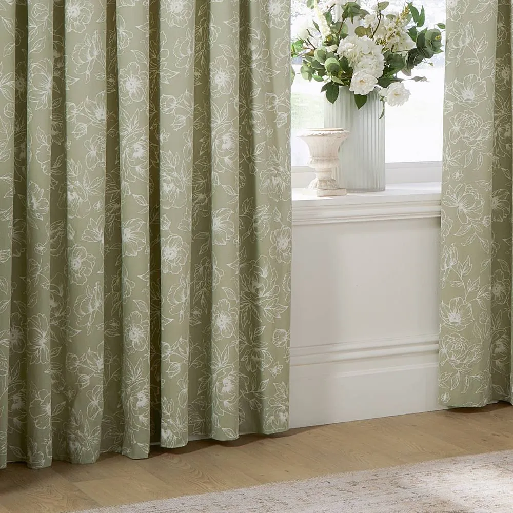 Wylder Bella Floral 100% Cotton Pencil Pleat Curtain Pair in Green 4