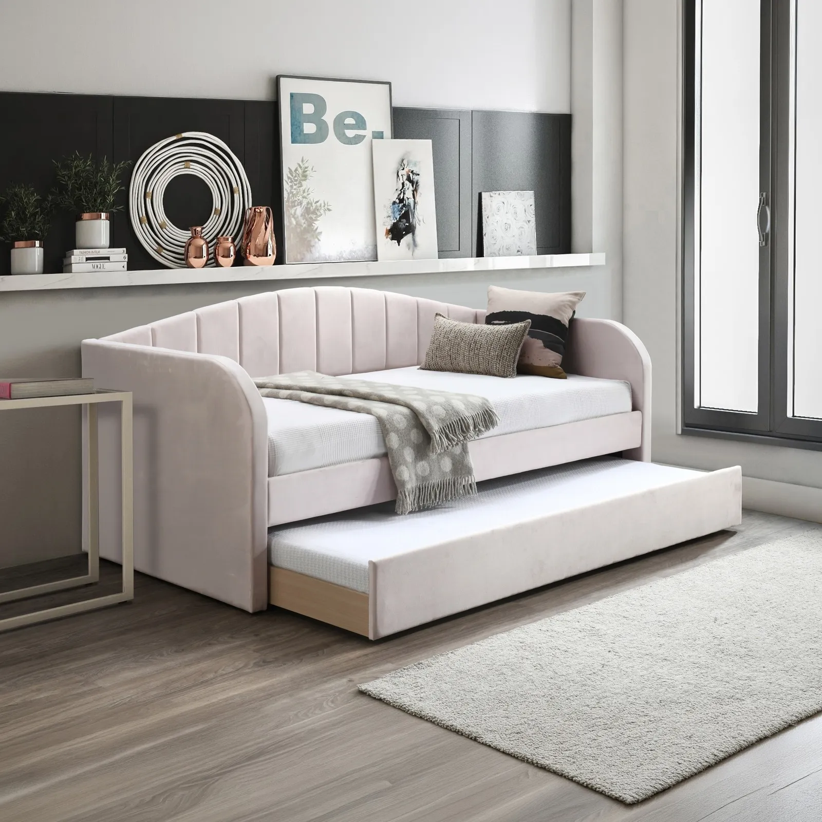 Fabulous - Single - Day Bed with Underbed Trundle - Pink- Fabric - 3ft - Happy Beds 1