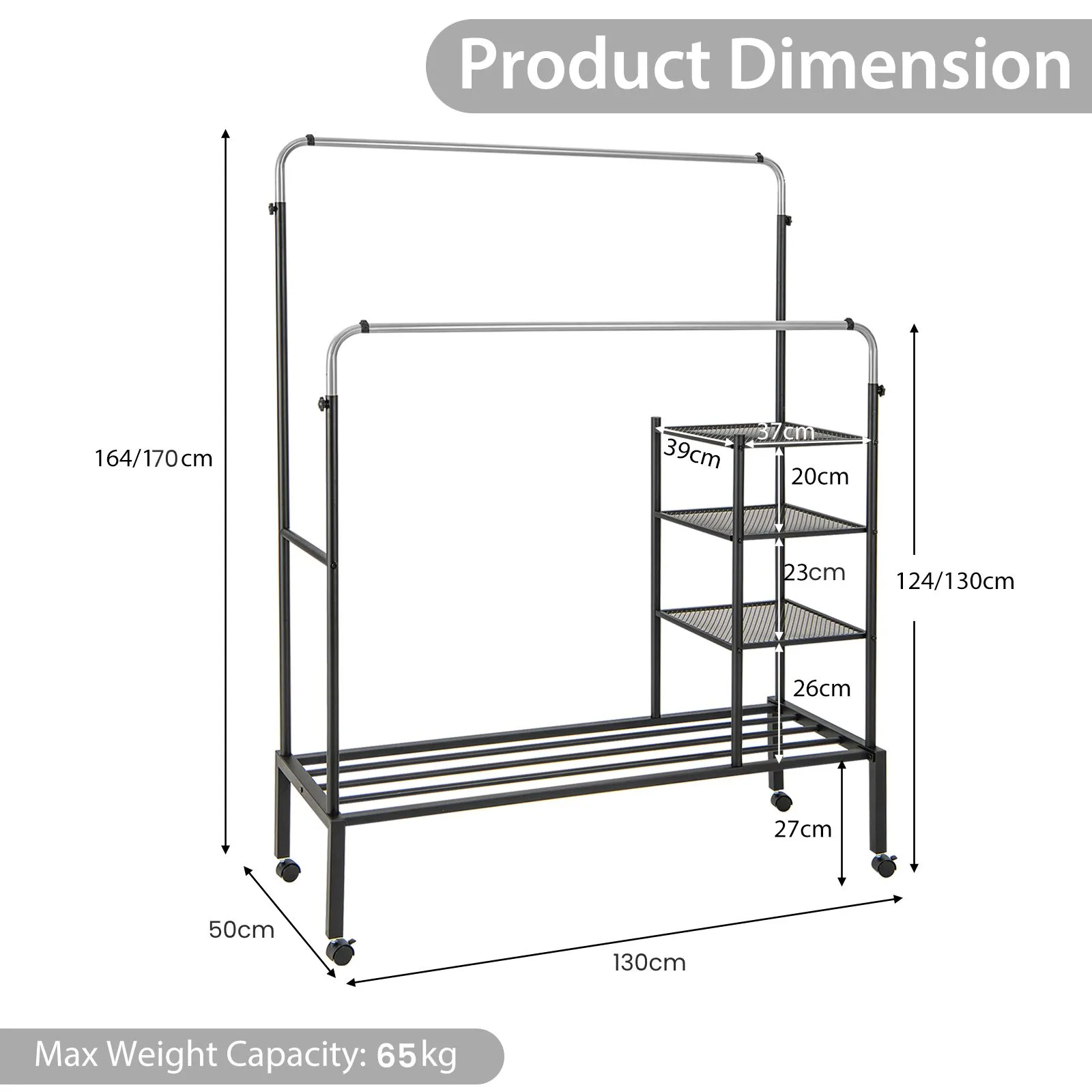 Costway Rolling Clothes Drying Rack Adjustable Double Rods Garment Rack in Black 6