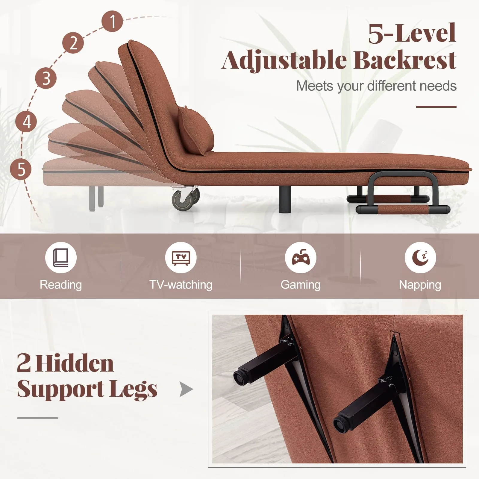 Costway Single Folding Sofa Bed Chair Modern Fabric Sleep Function Holder-Coffee in Dark Brown 4