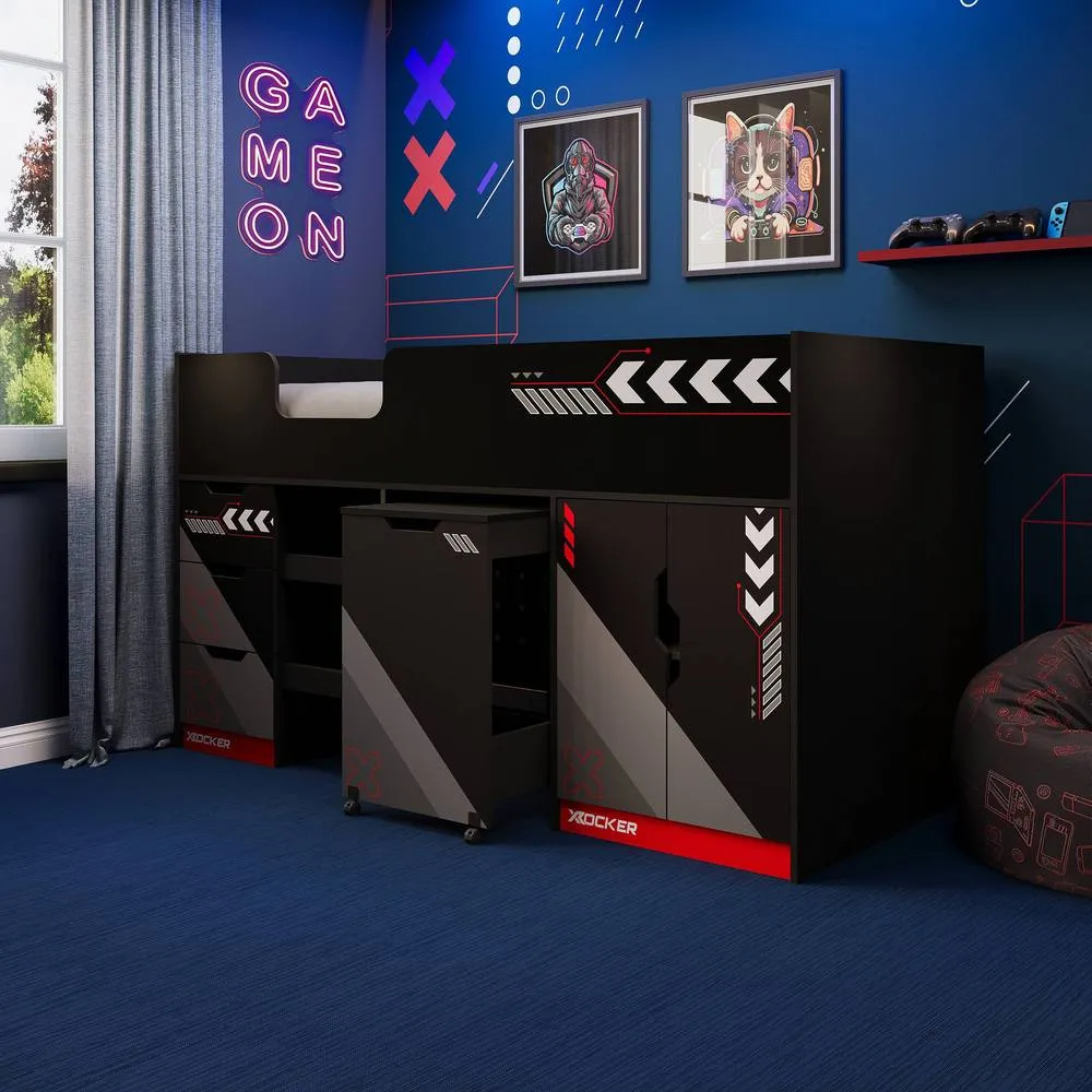 X Rocker Octane Mid Sleeper Gaming Cabin Bed Wardrobe & Pull out Desk in Red